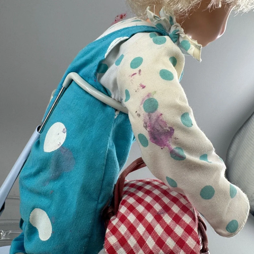 Vintage Kitsch Blonde Doll Polka Dot Outfit Picnic Basket Sun Made in Korea 6967